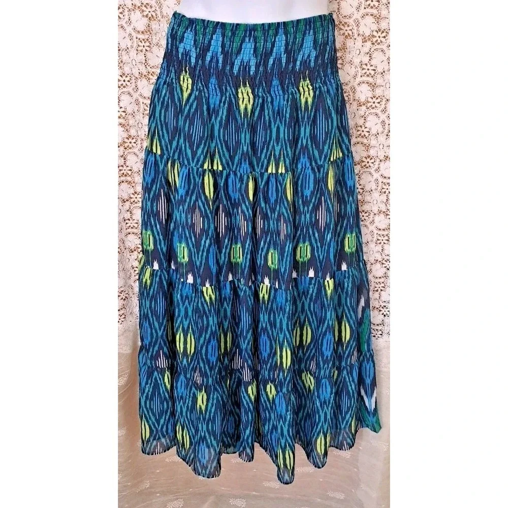 Fashion Bug Maxi Skirt 0X‎ Blue Aztec Elastic Waist Tiered Lined Beachy Boho